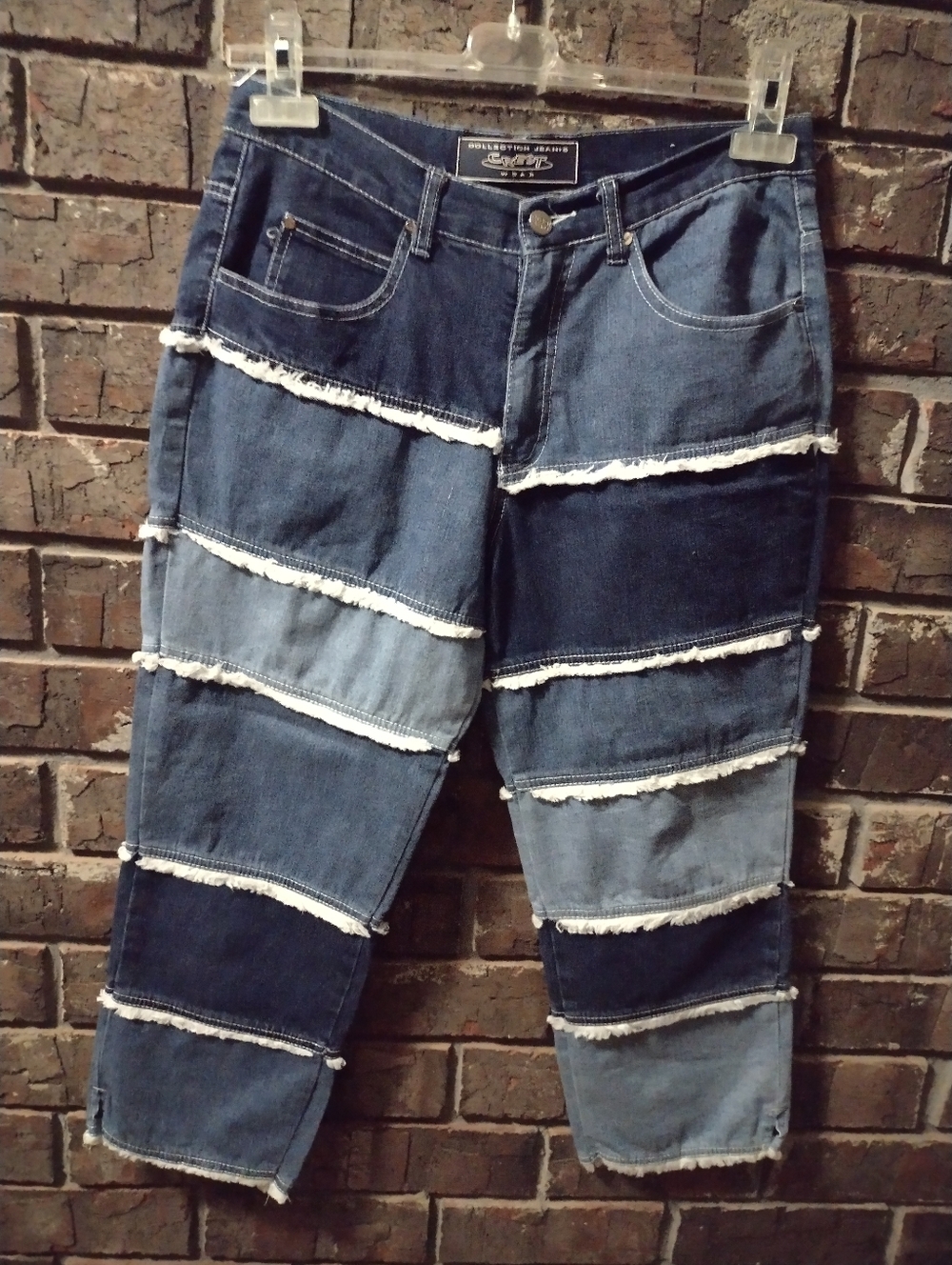 CREST The Collection Patchwork Blue Jean Capris Juniors Size 7 Fringe Retro Y2k
